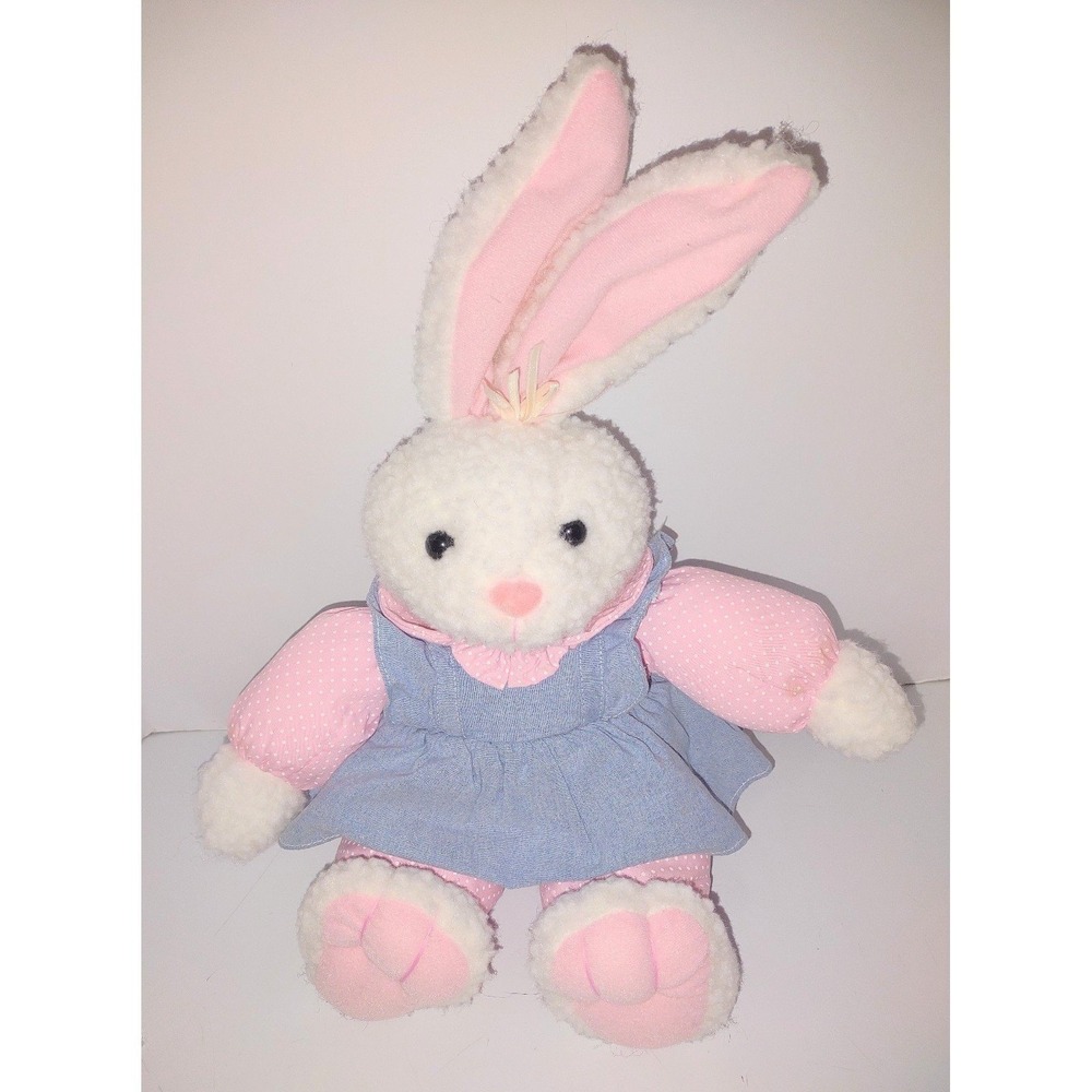 12" International Silver WHITE Pink Polka Dot Denim Apron Plush BUNNY Rabbit B1